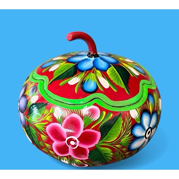 Gourd Hand Painted Folk Art Floral Flowers Bright Colors Trinket Box Mexican - Picture 1 of 11